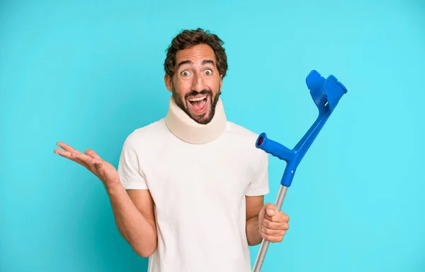 Young Crazy Bearded Expressive Man Injured Accident Collar — Stock Photo, Image