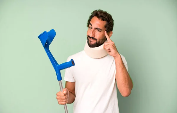 Young Crazy Bearded Expressive Man Injured Accident Collar — Stock Photo, Image