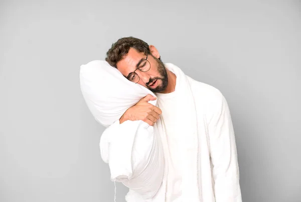 Young Crazy Bearded Expressive Man Wearing Bathrobe Pillow — Stock Photo, Image