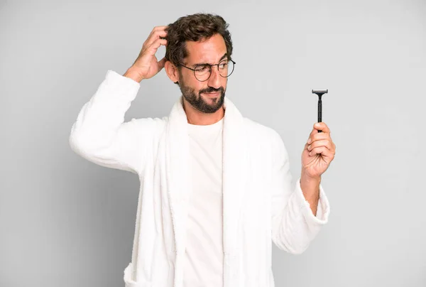 Young Crazy Bearded Expressive Man Wearing Bathrobe Shaving Beard Concept — Stock Photo, Image