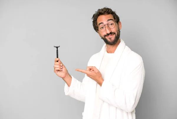 Young Crazy Bearded Expressive Man Wearing Bathrobe Shaving Beard Concept — Stock Photo, Image