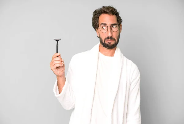 Young Crazy Bearded Expressive Man Wearing Bathrobe Shaving Beard Concept — Stock Photo, Image