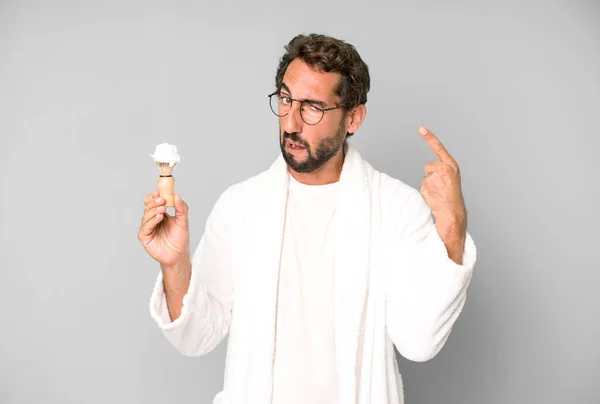 Young Crazy Bearded Expressive Man Wearing Bathrobe Shaving Beard Concept — Stock Photo, Image