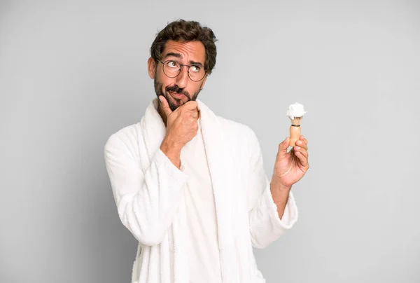 Young Crazy Bearded Expressive Man Wearing Bathrobe Shaving Beard Concept — Stock Photo, Image