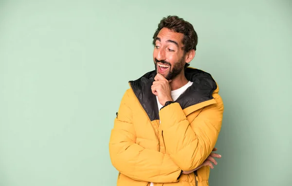 Young Crazy Bearded Expressive Man Cold Winter Concept Wearing Anorak — Stock Photo, Image