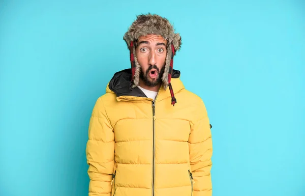 Young Crazy Bearded Expressive Man Cold Winter Concept Wearing Anorak — Stock Photo, Image