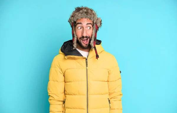 Young Crazy Bearded Expressive Man Cold Winter Concept Wearing Anorak — Stock Photo, Image