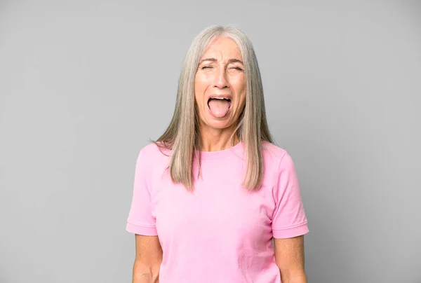 Pretty Gray Hair Senior Woman Cheerful Carefree Rebellious Attitude Joking — Stock Photo, Image
