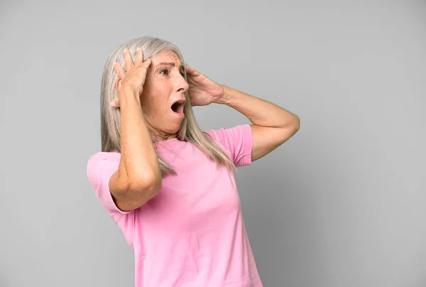 Pretty Gray Hair Senior Woman Open Mouth Looking Horrified Shocked — Stock Photo, Image