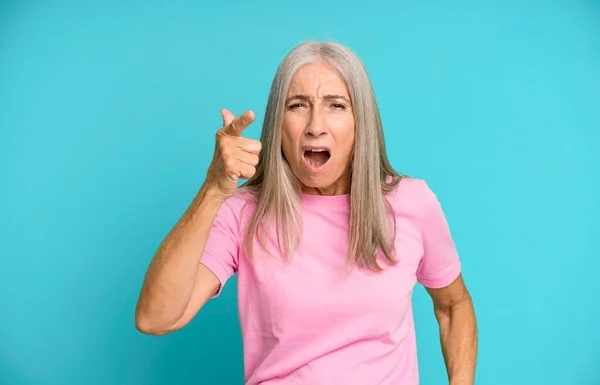 Pretty Gray Hair Senior Woman Pointing Camera Angry Aggressive Expression — Stock Photo, Image