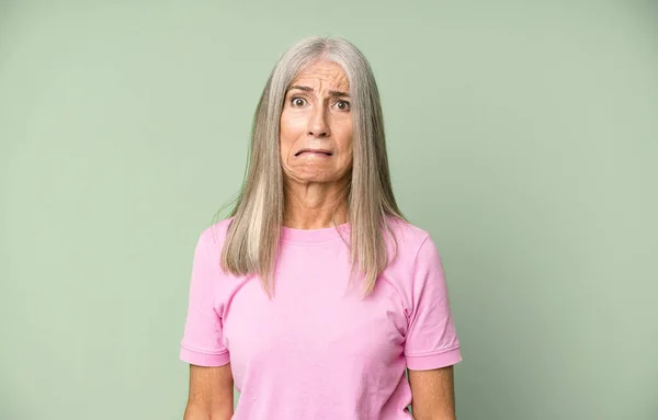 Pretty Gray Hair Senior Woman Feeling Clueless Confused Uncertain Which — Stock Photo, Image