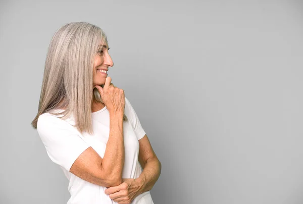 Gray Hair Pretty Woman Smiling Happy Confident Expression Hand Chin — Stock Photo, Image