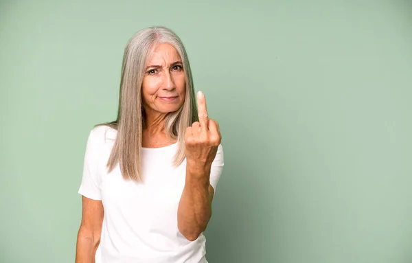 Gray Hair Pretty Woman Feeling Angry Annoyed Rebellious Aggressive Copy — Stock Photo, Image