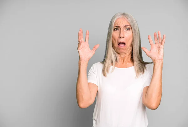 Gray Hair Pretty Woman Screaming Hands Air Copy Space Concept — Stock Photo, Image