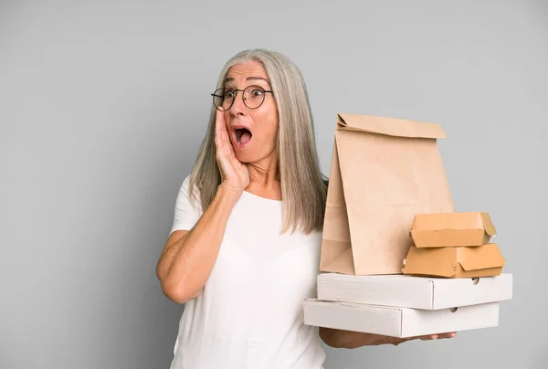 Gray Hair Pretty Woman Feeling Happy Excited Surprised Take Away — Stock Photo, Image