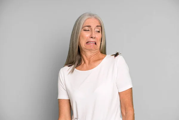 Gray Hair Senior Pretty Woman Holding Insect Her Fingers — Stock Photo, Image