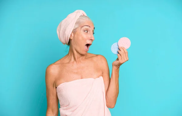 Gray Hair Senior Pretty Woman Wearing Bathrobe Beauty Make Concept — Stock Photo, Image
