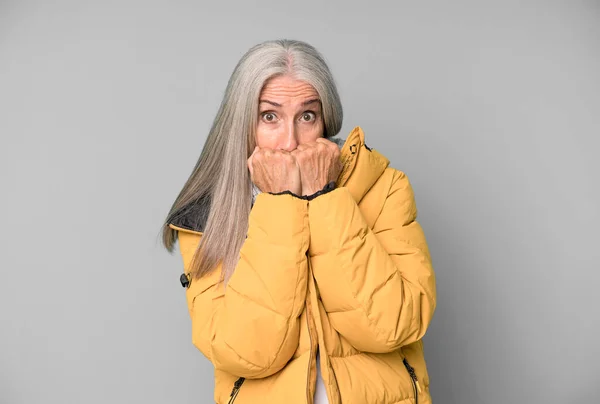 Gray Hair Senior Pretty Woman Wearing Anorak Winter Cold Concept — Stock Photo, Image