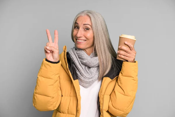 Gray Hair Senior Pretty Woman Wearing Anorak Take Away Hot — Stock Photo, Image