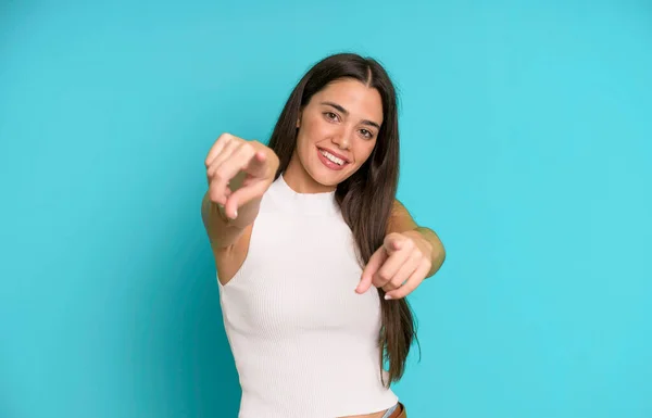 Hispanic Pretty Woman Feeling Happy Confident Pointing Camera Both Hands — Stock Photo, Image
