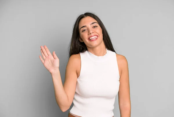 Hispanic Pretty Woman Smiling Happily Cheerfully Waving Hand Welcoming Greeting — Stock Photo, Image