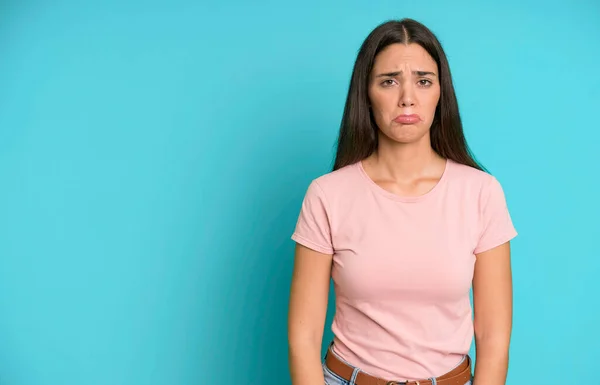 Hispanic Pretty Woman Feeling Sad Whiney Unhappy Look Crying Copy — Stock Photo, Image