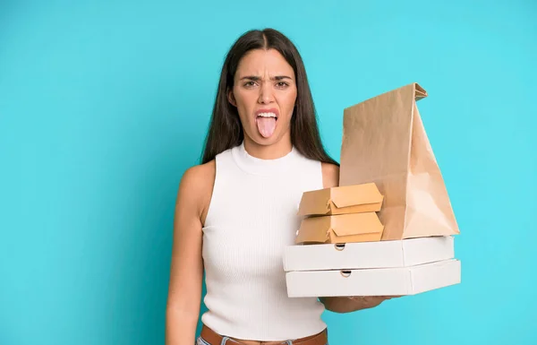 Hispanic Pretty Woman Feeling Disgusted Irritated Tongue Out Take Away — Stock Photo, Image