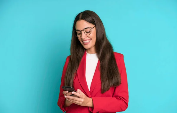 Hispanic Pretty Young Adult Expressive Businesswoman Using Telephone — Stock Photo, Image