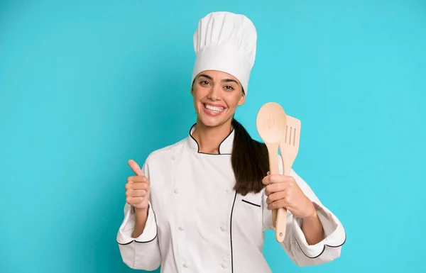 Hispanic Pretty Young Adult Expressive Chef Woman Cook Tools — Stock Photo, Image