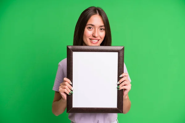 Young Pretty Woman Empty Blank Picture Frame — Stock Photo, Image