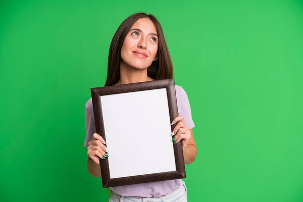 Young Pretty Woman Empty Blank Picture Frame — Stock Photo, Image