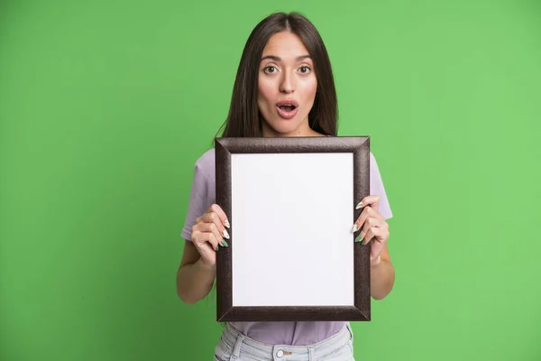 Young Pretty Woman Empty Blank Picture Frame — Stock Photo, Image