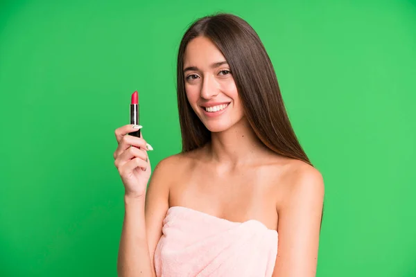 Young Pretty Woman Holding Lipstick Beauty Concept — Stock Photo, Image
