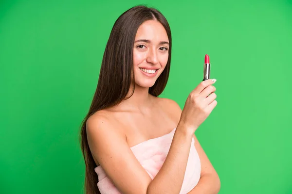 Jovem Mulher Bonita Segurando Batom Conceito Beleza — Fotografia de Stock