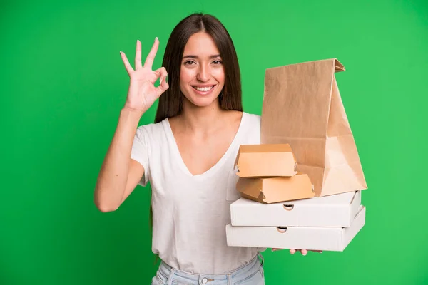 Young Pretty Woman Feeling Happy Showing Approval Okay Gesture Paper — Stock Photo, Image