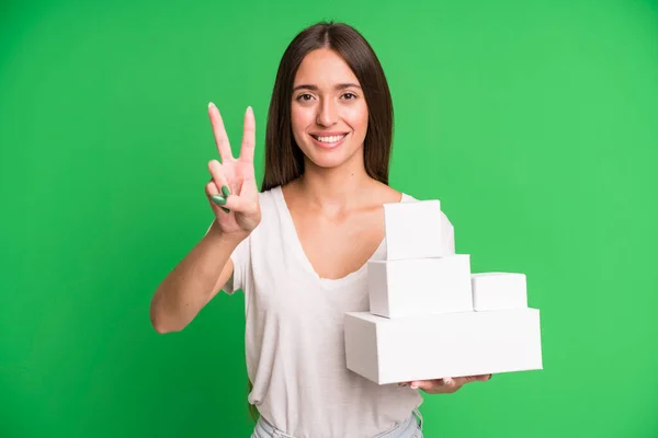 Young Pretty Woman Smiling Looking Friendly Showing Number Two Empty — Stock Photo, Image