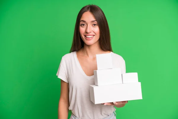 Young Pretty Woman Looking Happy Pleasantly Surprised Empty White Paper — Stock Photo, Image