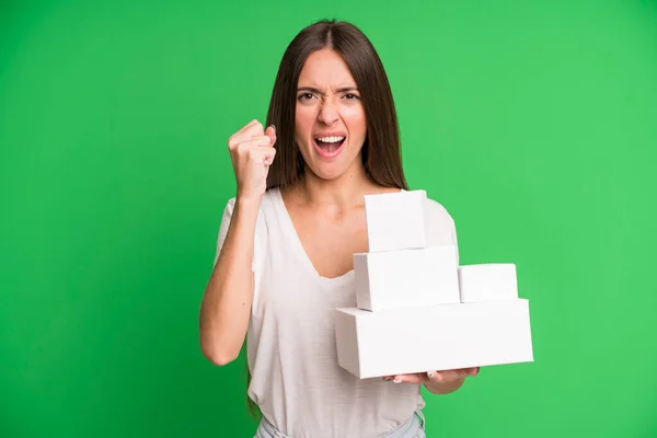Young Pretty Woman Shouting Aggressively Angry Expression Empty White Paper — Stock Photo, Image