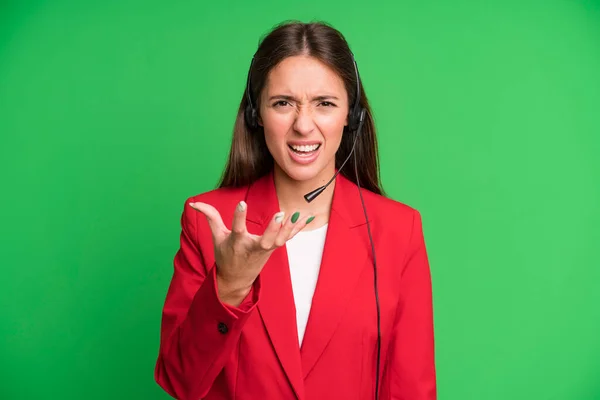 Young Pretty Woman Looking Angry Annoyed Frustrated Telemarketing Concept — Stockfoto