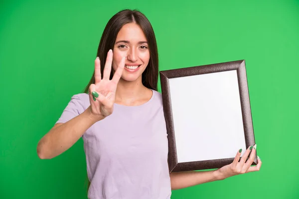 Young Pretty Woman Smiling Looking Friendly Showing Number Three Empty — Stock Photo, Image