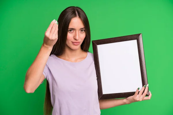 Young Pretty Woman Making Capice Money Gesture Telling You Pay — Stock Photo, Image