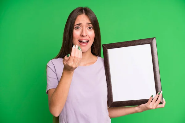 Young Pretty Woman Looking Desperate Frustrated Stressed Empty Blank Picture — Stock Photo, Image