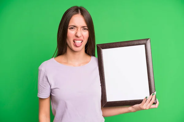 Young Pretty Woman Feeling Disgusted Irritated Tongue Out Empty Blank — Stock Photo, Image