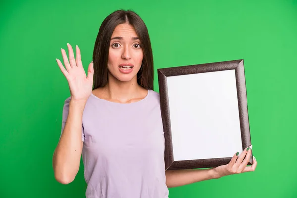 Young Pretty Woman Screaming Hands Air Empty Blank Picture Frame — Stock Photo, Image