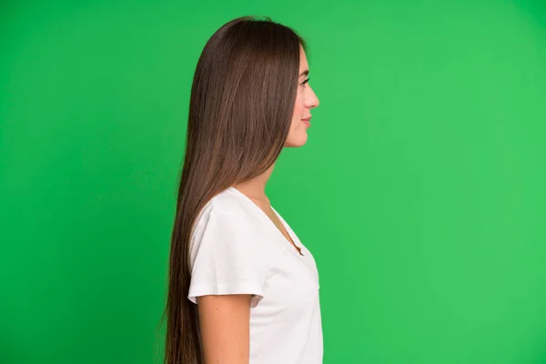 Hispanic Pretty Woman Profile View Looking Copy Space Ahead Thinking — Stock Photo, Image