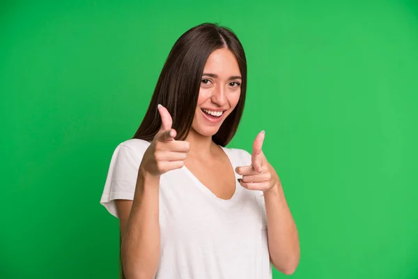 Mujer Bonita Hispana Sentirse Feliz Fresco Satisfecho Relajado Exitoso Apuntando — Foto de Stock