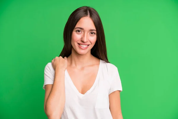 Hispanic Pretty Woman Laughing Cheerfully Confidently Casual Happy Friendly Smile — Stock Photo, Image