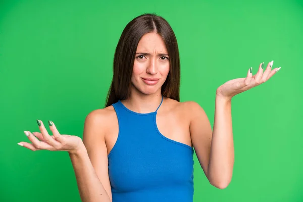 Hispanic Pretty Woman Shrugging Dumb Crazy Confused Puzzled Expression Feeling — Stock Photo, Image