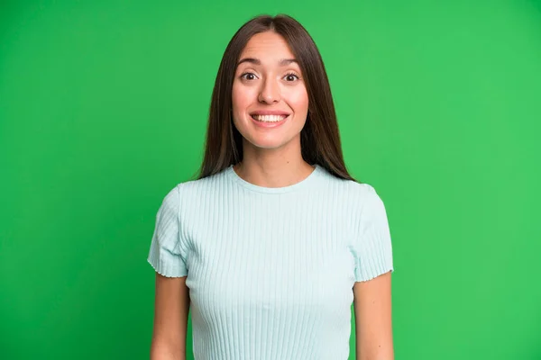 Hispanic Pretty Woman Looking Happy Goofy Broad Fun Loony Smile — Stock Photo, Image