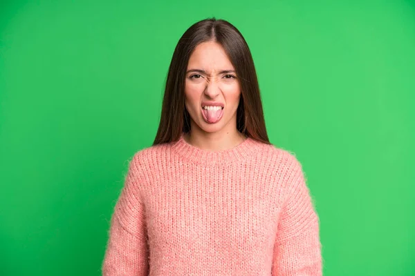 Hispanic Pretty Woman Feeling Disgusted Irritated Sticking Tongue Out Disliking — Stock Photo, Image